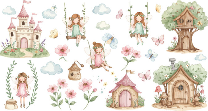 Whimsical fairytale scene with magical castles and beautiful princesses in fantasy gardens