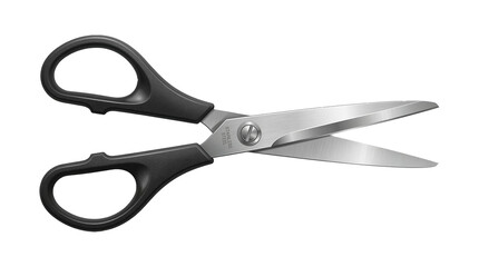 Fototapeta premium A pair of sharp, silver scissors with black handles, presented on a pure white background