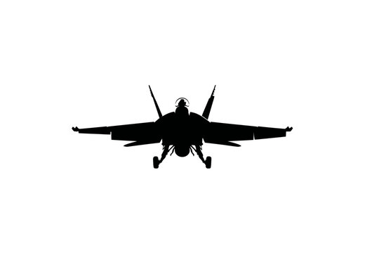 Silhouette of military fighter jet in flight against white background
