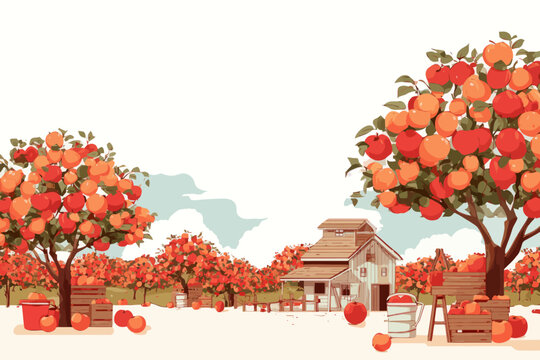 Rustic apple orchard with barn and abundant fruit trees under clear sky