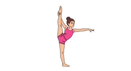 Obraz premium A young girl in a pink leotard is performing a vertical split with one arm extended on a white background.