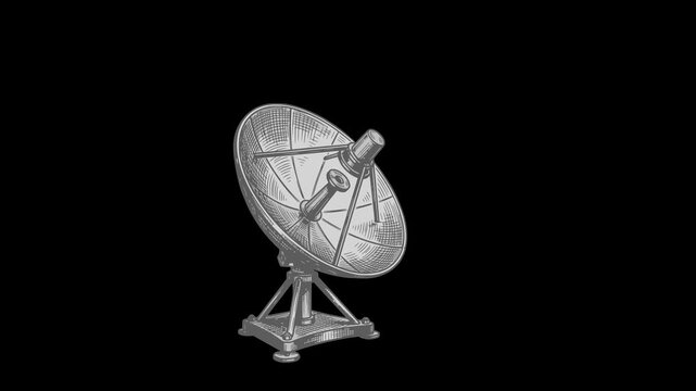 hand drawn 2d animation of a satellite dish broadcasting signals on a transparent background alpha channel included for easy integration into communication and technology projects
