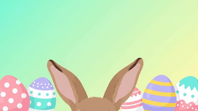 A cute brown rabbit peeking over a row of colorful decorated Easter eggs with a soft gradient background. Minimalist eastern video background with wide copy space.