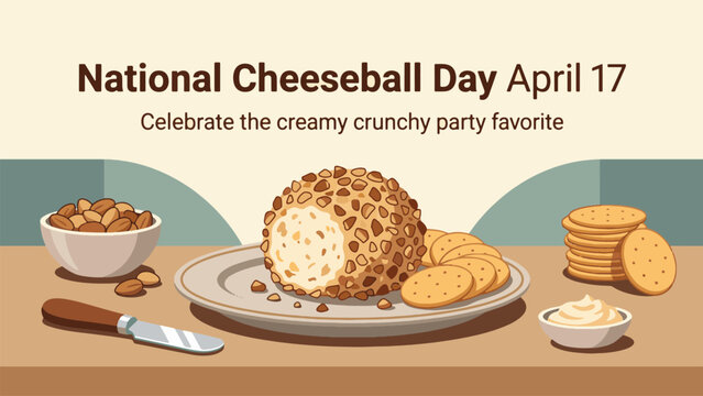National Cheeseball Day April 17 Creamy Crunchy Appetizer Scene with Sliced Cheese Ball Crackers and Spread Dish Minimal Flat Illustration for Party Snack Promotion