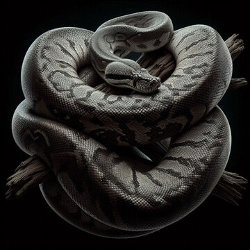 Python curled up and wrapped in a tight spiral on a wooden branch, isolated on a solid black background
