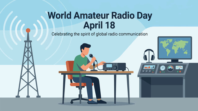 World Amateur Radio Day April 18 Communication Illustration, Man Operating Radio Transceiver Station, Global Connectivity and Wireless Technology Concept Flat Vector Design