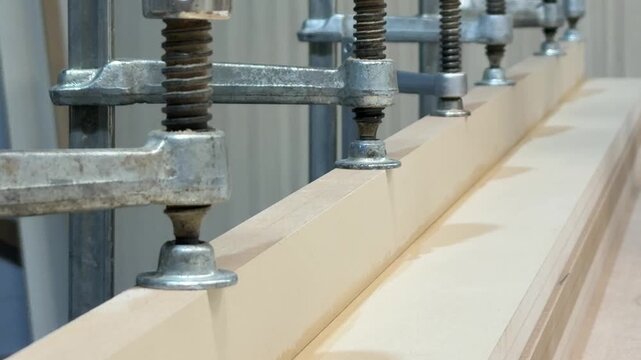 A row of sturdy metal clamps firmly holds light-colored wooden planks in place. The clamps&rsquo; threaded mechanisms ensure tight pressure. Ideal for joinery or gluing tasks in a workshop.