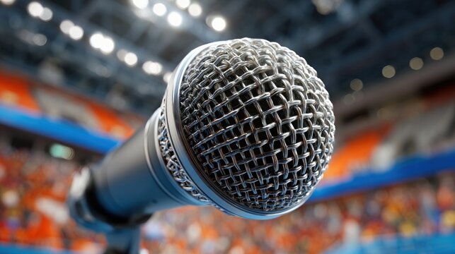 Close-up of a Professional Microphone on a Stage with Blurred Audience Background.