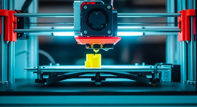 Closeup of a 3d printer creating a yellow object with precision technology