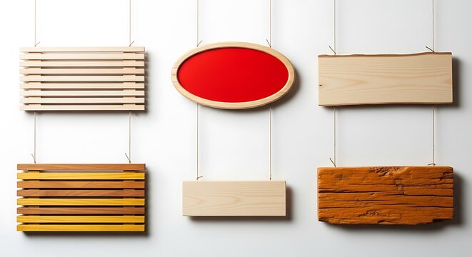 Colorful wooden wall art pieces with different textures and shapes hanging on strings