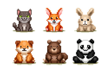 Fototapeta premium Cute pixel art animals: cat, fox, rabbit, dog, bear, panda collection