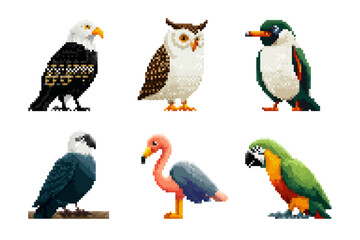 Fototapeta premium Pixel art birds collection featuring eagle, owl, penguin, cockatoo, flamingo, and macaw