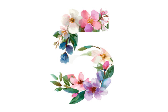 Floral number five with colorful blooming flowers and leaves in watercolor style