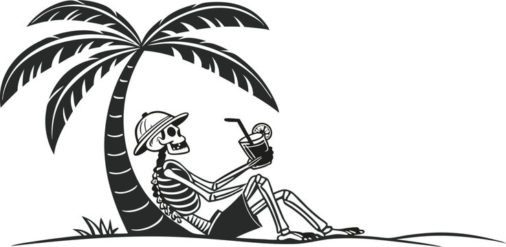 Vector illustration of skeleton relaxing under palm tree