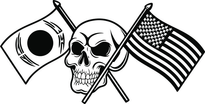 Vector illustration of skull with Japanese and American flags