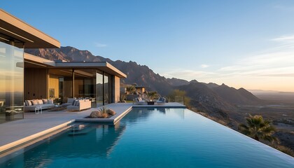 Obraz premium A modern house with a large infinity pool overlooking a mountainous landscape at sunset