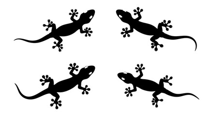 Naklejka premium Four striking black lizard silhouettes, stylized and symmetrical, are expertly arranged on a crisp white background, forming a captivating pattern perfect for graphic design elements, logos, or natura