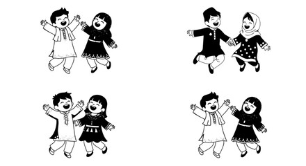 Fototapeta premium Collection of four black and white line art illustrations depicting joyful afghan children dressed in traditional cultural clothing embracing and happily jumping together in celebration