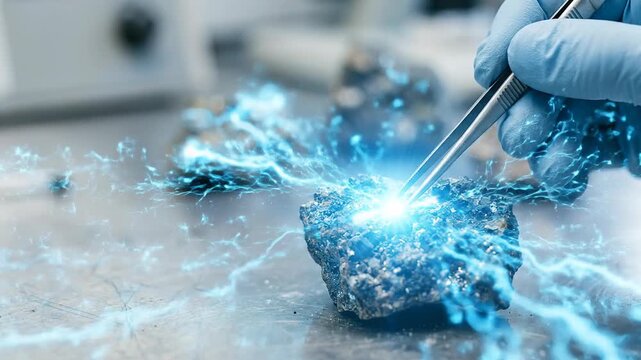 Geopolitics ai semiconductor wars resource monopoly conflict mineral rock extraction research lab metal tweezers hand tweezer rock mineral critical