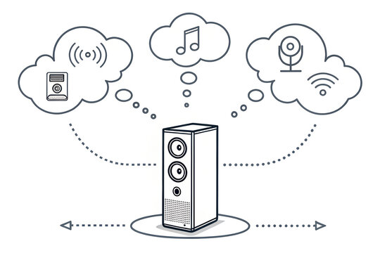 Smart speaker illustration with connected cloud icons showing wireless smartphone, music streaming, and voice control representing modern audio technology  generative ai