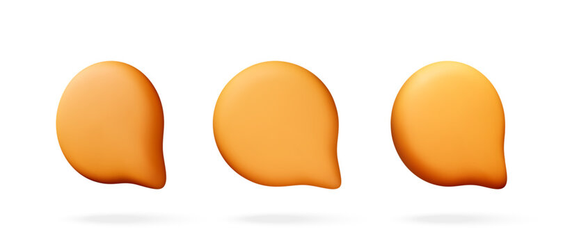 Three yellow 3d speech bubbles isolated on white background. Rounded chat icons for digital communication and messaging UI interface. Glossy graphic element for web application. Vector illustration