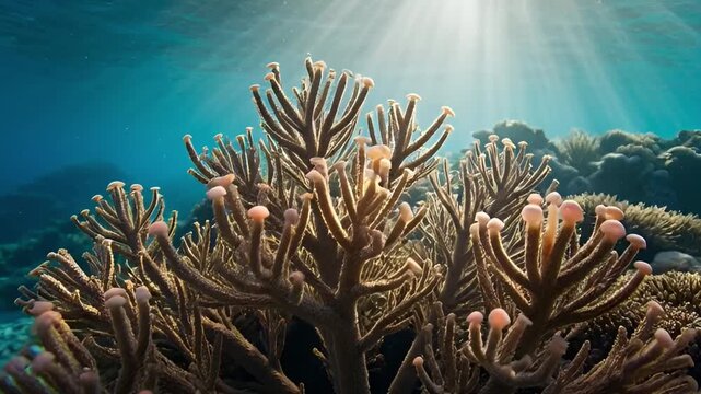 Underwater coral reef ecosystem illuminated by sunlight marine life environment