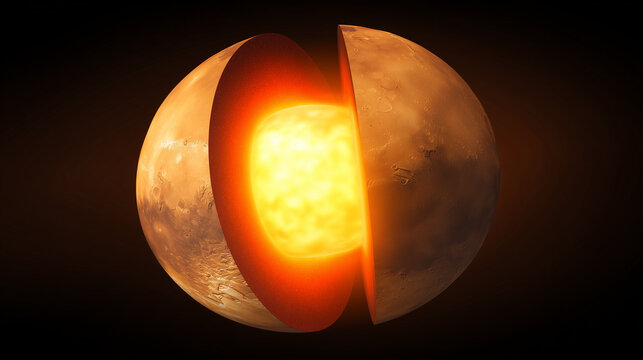 A cross-section visual of Mars revealing its glowing, solid metallic core at the center. STEM education sheets, lab safety posters, designed for biotech research communications.