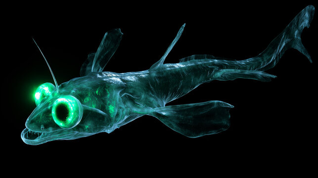 A deep-sea chimaera glowing with bioluminescent forehead lights in the dark ocean abyss. wildlife magazines, conservation campaigns, designed for eco-tourism storytelling.