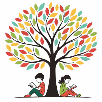 Children reading books under colorful tree, concept of learning, childhood, reading, knowledge, imagination and childhood growth