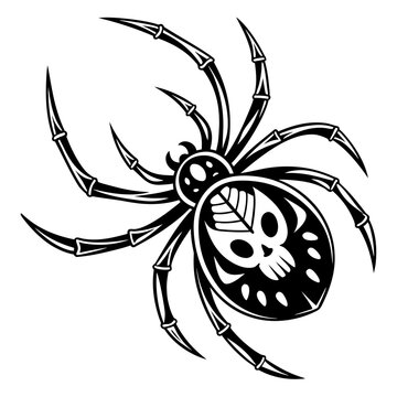 Halloween black widow spider tattoo with skull and bone pattern on its back, tribal art style vector design