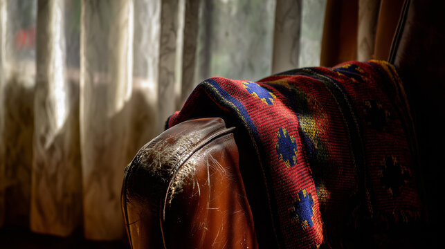 Finely woven poncho with geometric patterns in national colors, draped over a weathered leather chair. event programs.