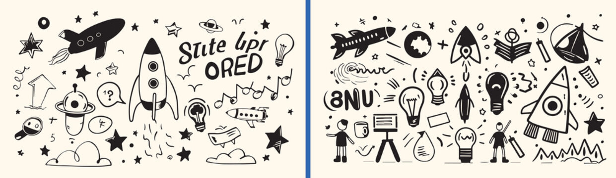 Tech ideas and growth, hand drawn innovation icons, digital transformation sketch art, creative business strategy doodle, tech startup concepts collection, minimal coding and development, brain and li