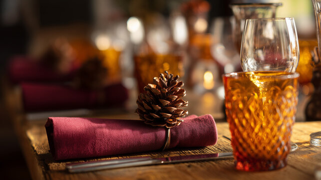 A rustic wooden table setting with burgundy napkins and a pinecone centerpiece, glowing warmly. lifestyle magazines, social media lookbooks, designed for influencer and brand collaborations.
