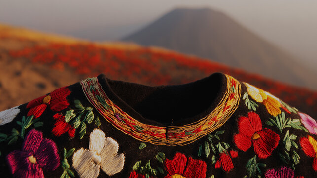Embroidered huipil collar with floral patterns, highlighting Guatemalan textile artistry. event programs, museum guides, designed for cultural heritage projects and event programs.