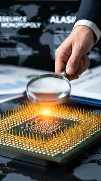 Geopolitics ai semiconductor wars resource monopoly magnifying glass over cpu chip surface and glowing microchip board concept magnifying glass hand