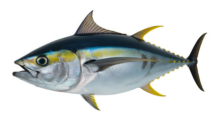 Fototapeta premium Yellowfin tuna fish with blue and yellow fins isolated on transparent white background png