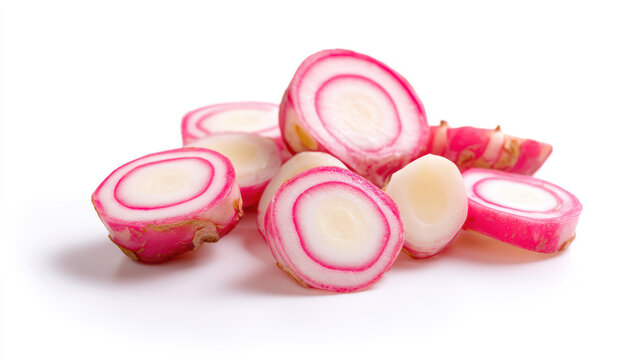 fresh sliced galangal with pink and white hues