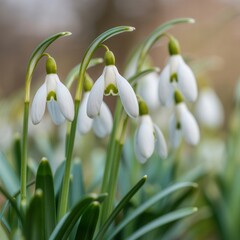 Fototapeta premium Close-up of white blooming snowdrop flowers in spring