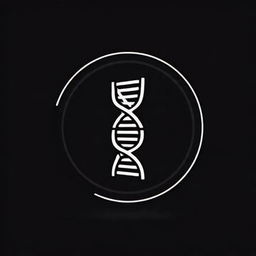 A white DNA double-helix icon within a circle on a black background