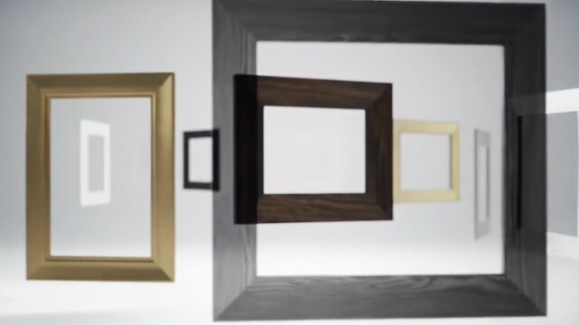 High-key video of ornate gold, sleek silver, dark wood, yellow frames floating and rotating in a minimalist studio, displaying evolving abstract content and negative space, concept of creativity and