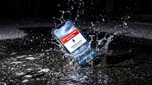 Smartphone dropping into water puddle captured in high speed. Mobile device splash moment frozen. Water resistance concept for technology protection and durability testing