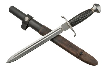 Fototapeta premium A vintage military bayonet with a dark handle and silver blade, crossed with its brown leather scabbard, on white.