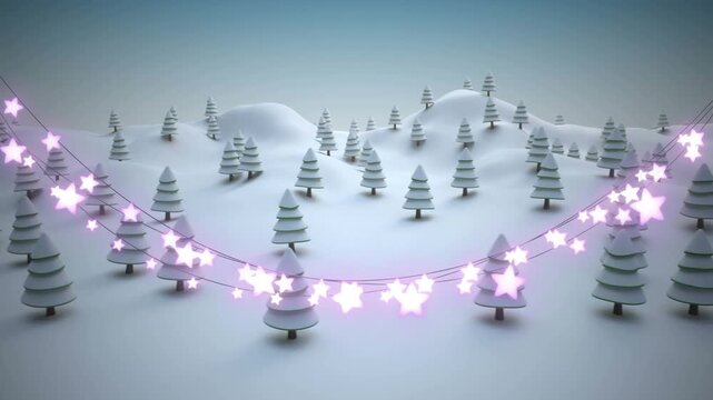 Glowing star shaped fairy lights decoration against snow falling over winter landscape