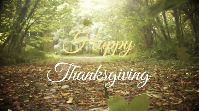 Animation of happy thanksgiving text over falling leaves