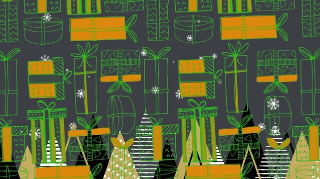 Snowflakes falling over multiple christmas tree icons over christmas gift icons in seamless pattern