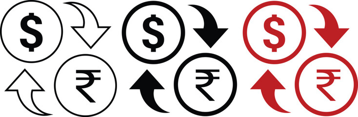 Fototapeta premium Set of 3 Dollar and Rupee Currency Exchange Icons Vector in Outline, Solid, and Red Styles