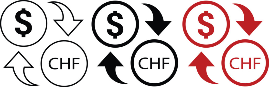 Set of 3 Dollar and Swiss Franc Currency Exchange Icons Vector in Outline, Solid Black, and Red Styles