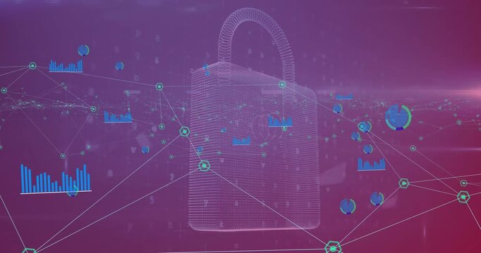 Animation of network of connections with icons over online security padlock
