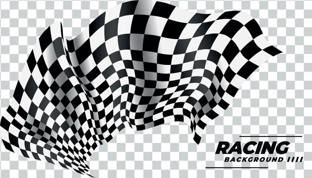 Racing checkered flag waving, black and white finish line banner, checkered racing background