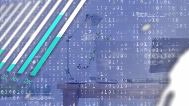 Statistical and binary coding data processing against office table in background